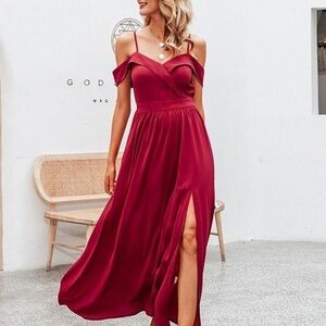 Burgundy V-neck Off Shoulder Maxi Dress